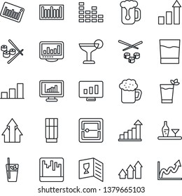 Thin Line Icon Set - growth statistic vector, monitor, barcode, equalizer, scanner, statistics, bar graph, alcohol, wine card, drink, cocktail, phyto, beer, sushi, arrow up