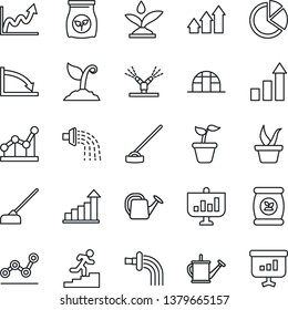 Thin Line Icon Set - growth statistic vector, seedling, watering can, sproute, hoe, greenhouse, fertilizer, pie graph, point, career ladder, irrigation, arrow up, crisis, presentation