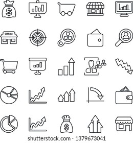 Thin Line Icon Set - growth statistic vector, money bag, crisis graph, store, monitor statistics, pie, hr, target, consumer search, arrow up, wallet, cart, presentation, storefront