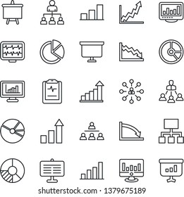 Thin Line Icon Set - growth statistic vector, hierarchy, presentation board, monitor, circle chart, pulse, clipboard, statistics, bar graph, pie, crisis