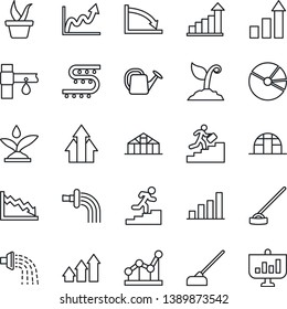 Thin Line Icon Set - growth statistic vector, seedling, watering can, sproute, hoe, greenhouse, drip irrigation, bar graph, pie, point, career ladder, arrow up, crisis, presentation