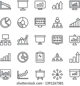 Thin Line Icon Set - growth statistic vector, hierarchy, presentation board, monitor, circle chart, pulse, clipboard, statistics, bar graph, pie, point, arrow up, crisis