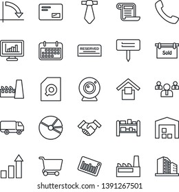 Thin Line Icon Set - growth statistic vector, team, crisis graph, plant label, car delivery, term, warehouse storage, barcode, rack, mail, call, monitor statistics, pie, document search, handshake
