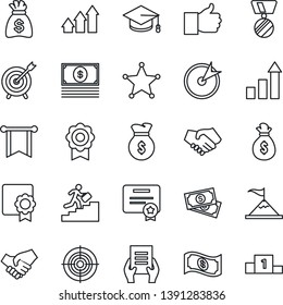 Thin Line Icon Set - growth statistic vector, medal, graduate, money bag, document, cash, finger up, sertificate, target, career ladder, police, arrow graph, motivation, handshake, pennon, pedestal
