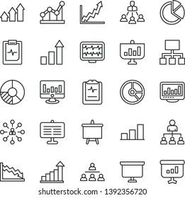 Thin Line Icon Set - growth statistic vector, hierarchy, presentation board, monitor, circle chart, pulse, clipboard, statistics, bar graph, pie, point, arrow up, crisis