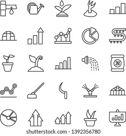 Thin Line Icon Set - growth statistic vector, seedling, watering can, sproute, hoe, sickle, greenhouse, fertilizer, drip irrigation, bar graph, pie, point, arrow up, presentation