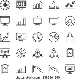Thin Line Icon Set - growth statistic vector, hierarchy, presentation board, monitor, circle chart, pulse, clipboard, bar graph, pie, point, arrow up, crisis
