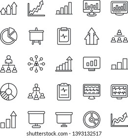 Thin Line Icon Set - growth statistic vector, hierarchy, presentation board, monitor, circle chart, pulse, clipboard, statistics, bar graph, pie, arrow up