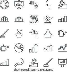 Thin Line Icon Set - growth statistic vector, seedling, watering can, hoe, sickle, greenhouse, drip irrigation, bar graph, pie, point, career ladder, arrow up, presentation