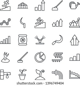 Thin Line Icon Set - growth statistic vector, seedling, watering can, sproute, hoe, sickle, greenhouse, fertilizer, drip irrigation, bar graph, pie, point, career ladder, arrow up, crisis
