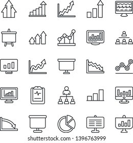 Thin Line Icon Set - growth statistic vector, hierarchy, presentation board, monitor, pulse, clipboard, statistics, bar graph, pie, point, arrow up, crisis