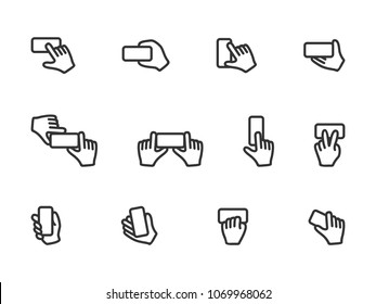 Thin line icon set of hands holding phone. Outline icons of hand gestures with phone.