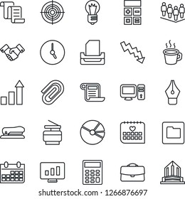 Thin Line Icon Set - handshake vector, contract, growth statistic, calculator, team, crisis graph, bulb, calendar, monitor, medical, clock, folder, case, coffee, paper clip, pie, ink pen, target, pc