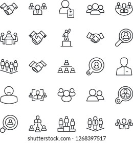 Thin Line Icon Set - handshake vector, pedestal, team, patient, group, user, company, hr, meeting, hierarchy, client search, consumer