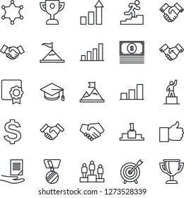 Thin Line Icon Set - handshake vector, growth statistic, dollar sign, pedestal, medal, graduate, document, finger up, sertificate, bar graph, career ladder, police, target, motivation, cash
