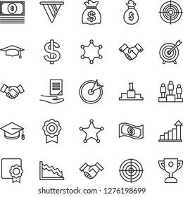 Thin Line Icon Set - handshake vector, growth statistic, dollar sign, pedestal, graduate, money bag, document, sertificate, target, police, pennon, crisis, cash, award cup