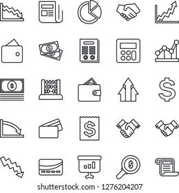 Thin Line Icon Set - handshake vector, dollar sign, abacus, crisis graph, cash, receipt, news, calculator, pie, point, contract, credit card, arrow up, wallet, growth, money search, presentation