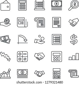 Thin Line Icon Set - handshake vector, dollar sign, calculator, crisis graph, cash, news, bar, abacus, point, contract, wallet, money search, investment
