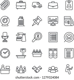 Thin Line Icon Set - handshake vector, book, case, document, meeting, manager place, factory, statistic monitor, heavy scales, news, clock, drawing pin, paper clip, abacus, office chair, city house