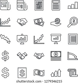Thin Line Icon Set - handshake vector, dollar sign, abacus, crisis graph, cash, receipt, news, bar, arrow up, growth, money search, investment, calculator, presentation, contract