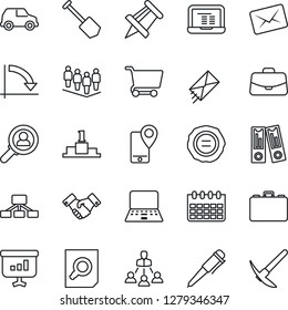 Thin Line Icon Set - handshake vector, case, team, office binder, document search, pen, notebook pc, crisis graph, drawing pin, calendar, job, stamp, mobile tracking, hierarchy, consumer, cart, car