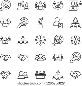 Juego de iconos de línea delgada: vector de apretón de manos, jerarquía, pedestal, equipo, paciente, grupo, empresa, hr, reunión, búsqueda de clientes, consumidor