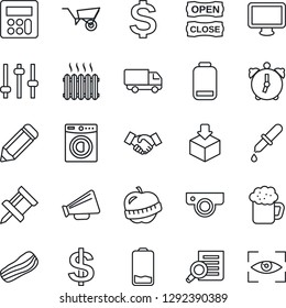 Thin Line Icon Set - handshake vector, dollar sign, document search, pencil, wheelbarrow, dropper, diet, car delivery, package, loudspeaker, monitor, low battery, tuning, calculator, alarm, washer