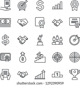 Thin Line Icon Set - handshake vector, growth statistic, dollar sign, pedestal, document, cash, sertificate, bar graph, target, career ladder, money bag, certificate, award cup