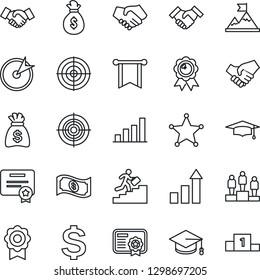 Thin Line Icon Set - handshake vector, growth statistic, dollar sign, pedestal, medal, graduate, money bag, sertificate, bar graph, target, career ladder, police, motivation, pennon, cash