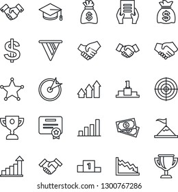 Thin Line Icon Set - handshake vector, growth statistic, dollar sign, graduate, money bag, document, cash, bar graph, target, police, arrow up, motivation, pennon, crisis, certificate, pedestal