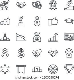 Juego de iconos de línea delgada - vector de apretón de manos, estadísticas de crecimiento, signo de dólar, pedestal, medalla, graduado, bolsa de dinero, dinero, dinero, dedo arriba, certificado, objetivo, escalera de carrera, policía, gráfico de flecha, pene, crisis