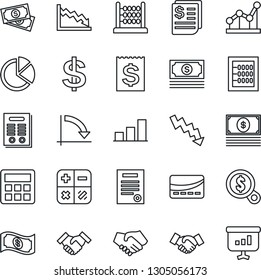 Thin Line Icon Set - handshake vector, dollar sign, calculator, crisis graph, cash, receipt, bar, pie, abacus, point, contract, credit card, money search, presentation