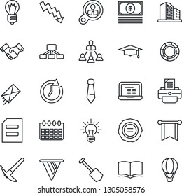 Thin Line Icon Set - handshake vector, book, graduate, notebook pc, tie, document, crisis graph, bulb, calendar, job, stamp, printer, hierarchy, consumer search, clock, pennon, idea, cash, mail