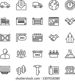 Thin Line Icon Set - handshake vector, tie, medical calendar, earth, truck trailer, car delivery, container, mail, data exchange, office phone, support, meeting, company, sale, building, motivation
