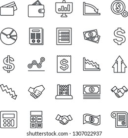 Thin Line Icon Set - handshake vector, dollar sign, calculator, abacus, crisis graph, cash, receipt, pie, point, contract, credit card, arrow up, wallet, money search, presentation
