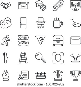 Thin Line Icon Set - handshake vector, document search, statistic monitor, ladder, lawn mower, seedling, well, run, pregnancy, face id, coffee, ink pen, office chair, archive box, mail, key, fridge