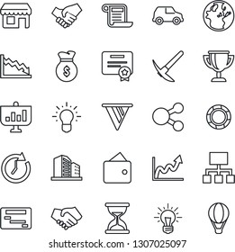 Thin Line Icon Set - handshake vector, wallet, money bag, clock, pennon, earth, growth graph, crisis, idea, car, schedule, social media, hierarchy, management, certificate, award cup, presentation