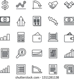 Thin Line Icon Set - handshake vector, growth statistic, dollar sign, calculator, abacus, crisis graph, cash, bar, point, contract, credit card, arrow up, wallet, money search