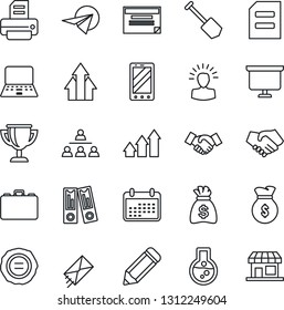 Thin Line Icon Set - handshake vector, mobile phone, case, office binder, notebook pc, document, money bag, presentation board, job, pencil, stamp, printer, hierarchy, arrow up graph, shining head
