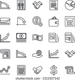 Thin Line Icon Set - handshake vector, dollar sign, crisis graph, news, calculator, pie, point, contract, credit card, wallet, growth, money search, investment, cash