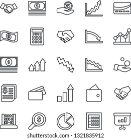 Thin Line Icon Set - handshake vector, growth statistic, abacus, crisis graph, cash, receipt, pie, point, credit card, arrow up, wallet, money search, investment, calculator, presentation