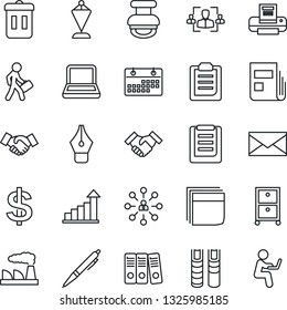 Thin Line Icon Set - handshake vector, mail, growth statistic, hierarchy, dollar sign, pennant, factory, clipboard, calendar, news, hr, ink pen, blank box, paper binder, printer, notebook pc, stamp