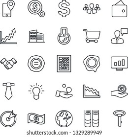 Thin Line Icon Set - handshake vector, speaking man, dollar sign, book, abacus, statistic monitor, stamp, mobile tracking, office building, target, group, wallet, earth, growth graph, crisis, idea