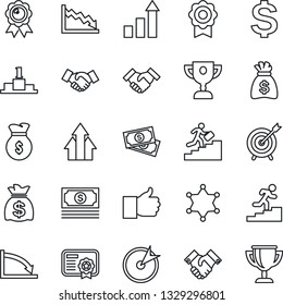Thin Line Icon Set - handshake vector, growth statistic, dollar sign, medal, money bag, cash, finger up, sertificate, career ladder, police, target, arrow graph, crisis, certificate, pedestal