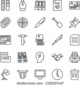 Thin Line Icon Set - handshake vector, pennant, office binder, pen, tie, document, brainstorm, job, reload, medical calendar, monitor, clock, drawing pin, paper clip, news, ink, desk lamp, target