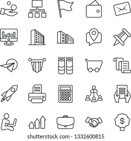 Thin Line Icon Set - handshake vector, contract, office building, book, pennant, document, drawing pin, statistic monitor, printer, mobile tracking, hierarchy, arrow up graph, rocket, wallet, cart