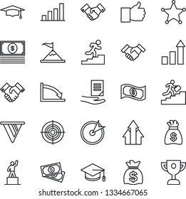 Thin Line Icon Set - handshake vector, growth statistic, pedestal, graduate, money bag, document, cash, finger up, bar graph, target, career ladder, police, arrow, motivation, pennon, crisis