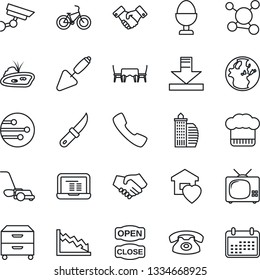 Thin Line Icon Set - handshake vector, notebook pc, trowel, lawn mower, garden knife, bike, molecule, call, network, download, archive box, pond, office building, sweet home, tv, phone, cook hat