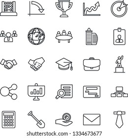 Thin Line Icon Set - handshake vector, mail, identity card, pedestal, team, document search, graduate, abacus, crisis graph, meeting, job, office building, target, earth, growth, investment, case