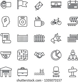 Thin Line Icon Set - handshake vector, hierarchy, office chair, brainstorm, contract, fence, drip irrigation, bike, cargo container, term, railroad, video camera, speaker, case, pie graph, pool